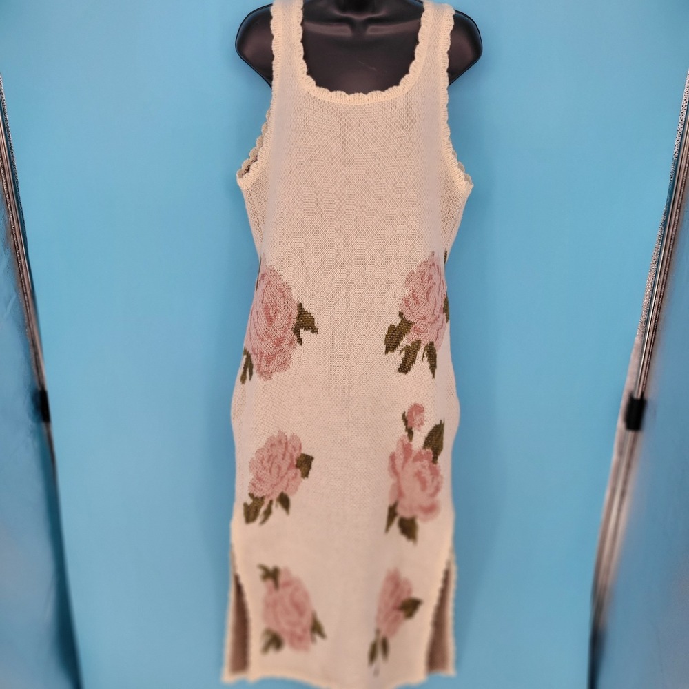 Rose Floral Knit Maxi Dress Womens Size L Cottagecore Sleeveless bohemian cream